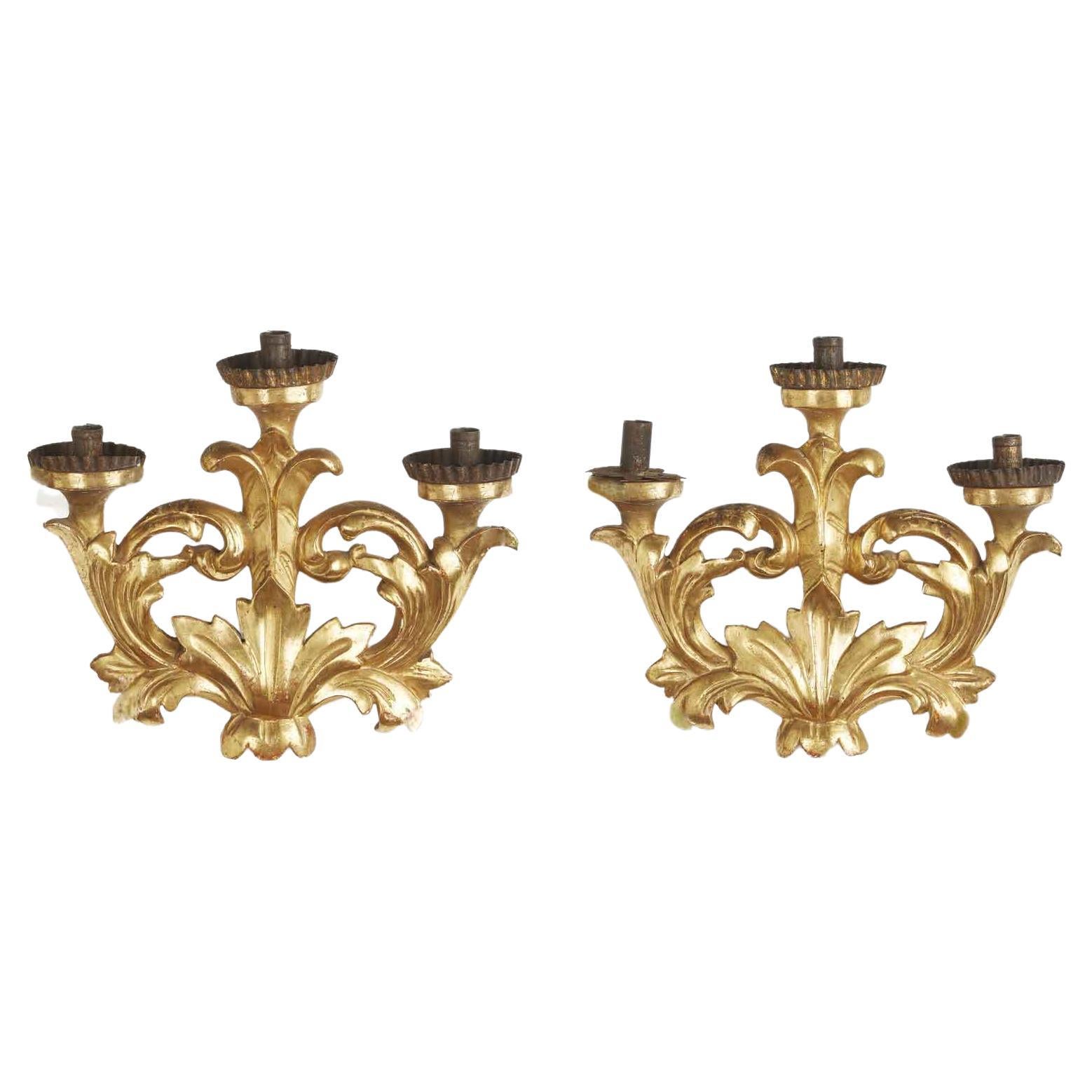 Pair of Italian Baroque Giltwood Wall Candelabra 19th Century Carved Sconces For Sale