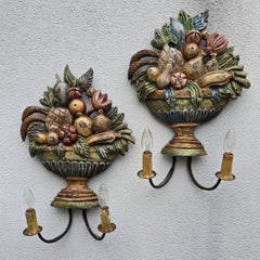 Pair of Hand-Carved Italian Fruit Basket Wall Sconces, Florentine, ca. 1880–1900