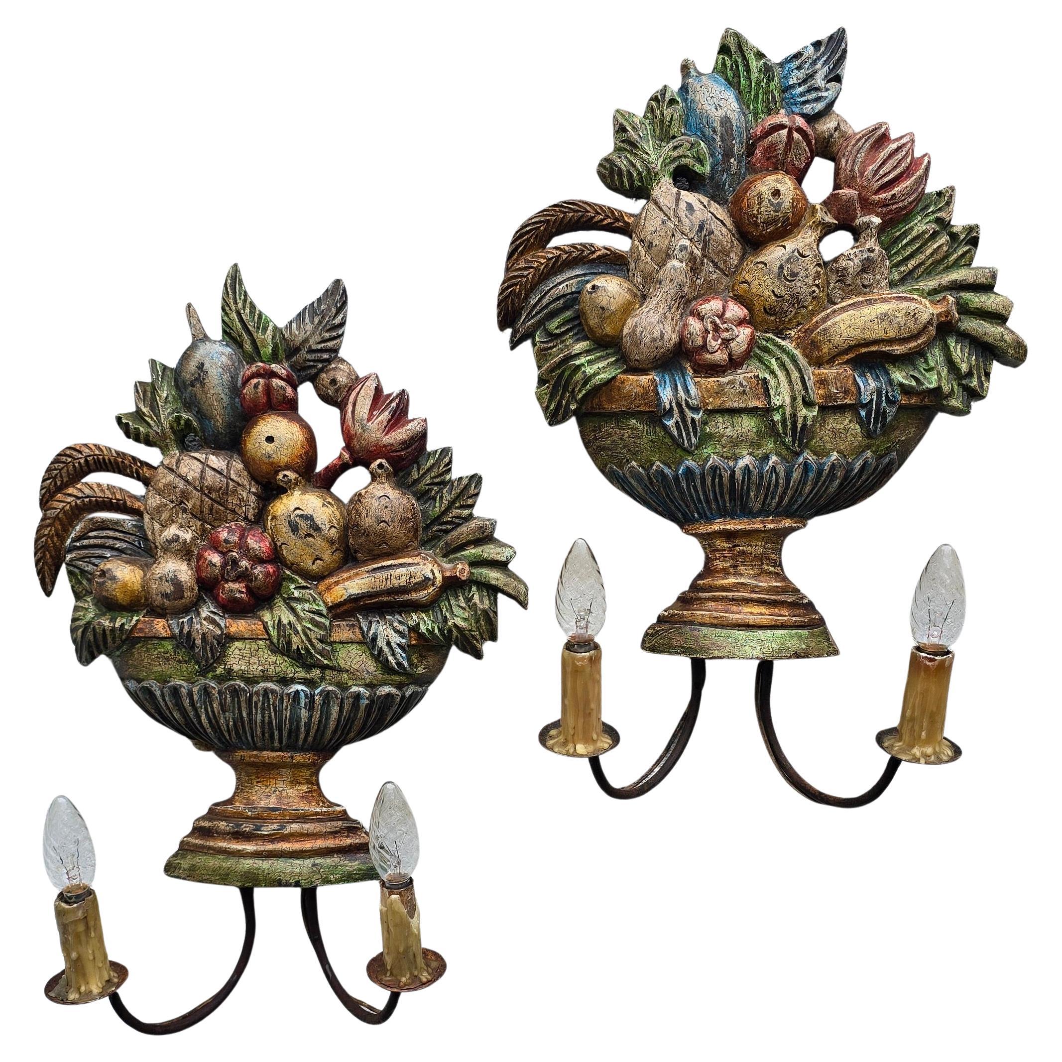 Pair of Hand-Carved Italian Fruit Basket Wall Sconces, Florentine, ca. 1880–1900