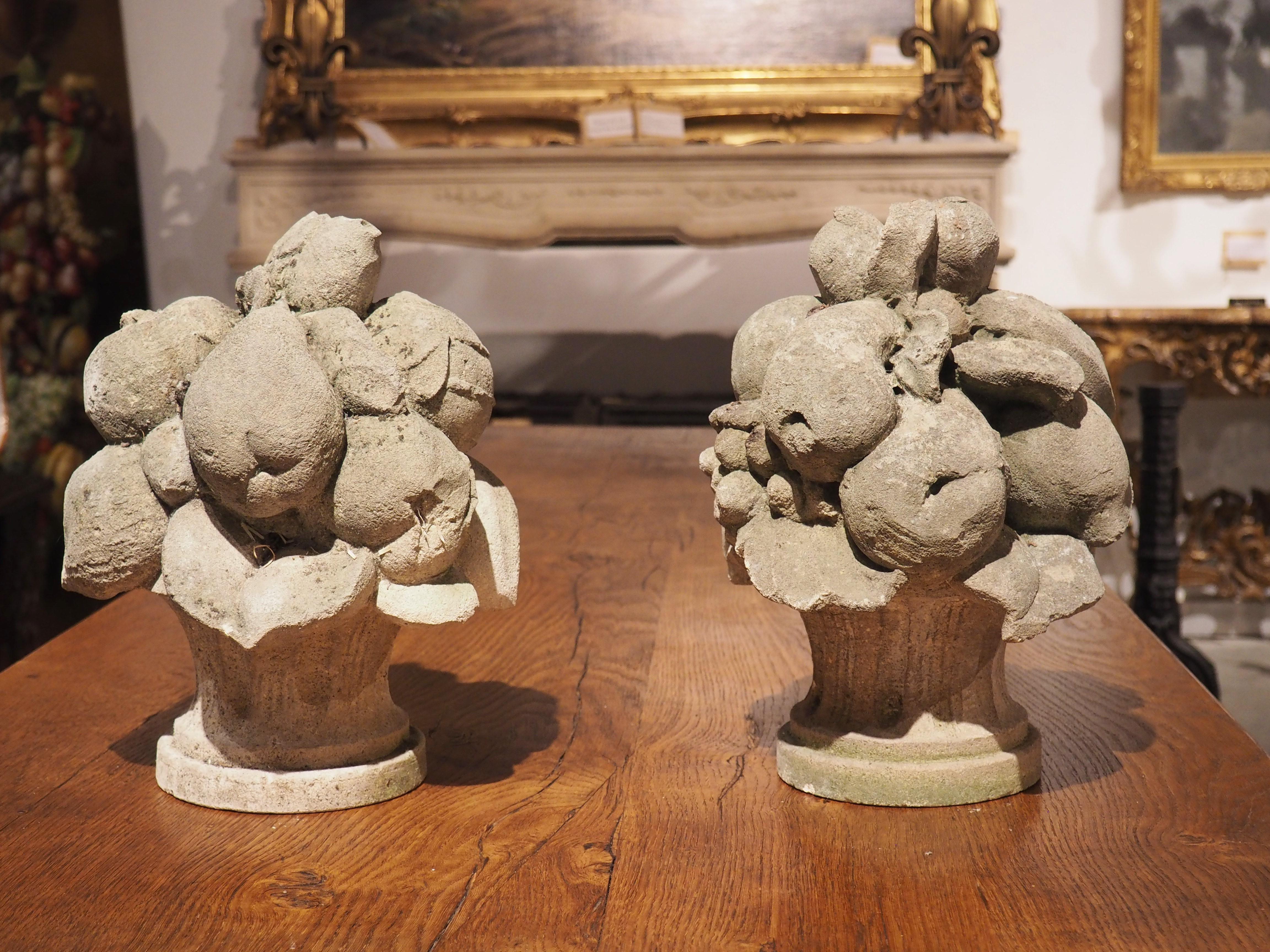 Pair of Hand Carved Italian Limestone Fruit Baskets In Good Condition In Dallas, TX