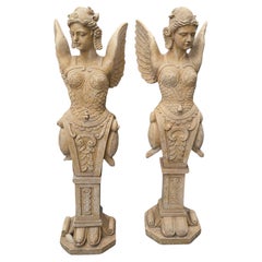 Pair of Hand-Carved Italian Marble Allegorical Winged Figures