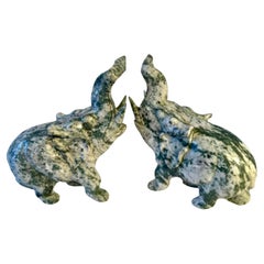Retro Pair of Hand Carved Jade Elephant Sculpture Bookends