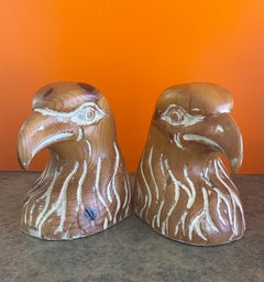 Pair of Hand Carved Knotty Pine Wood Eagle Head Bookends by Sarreid