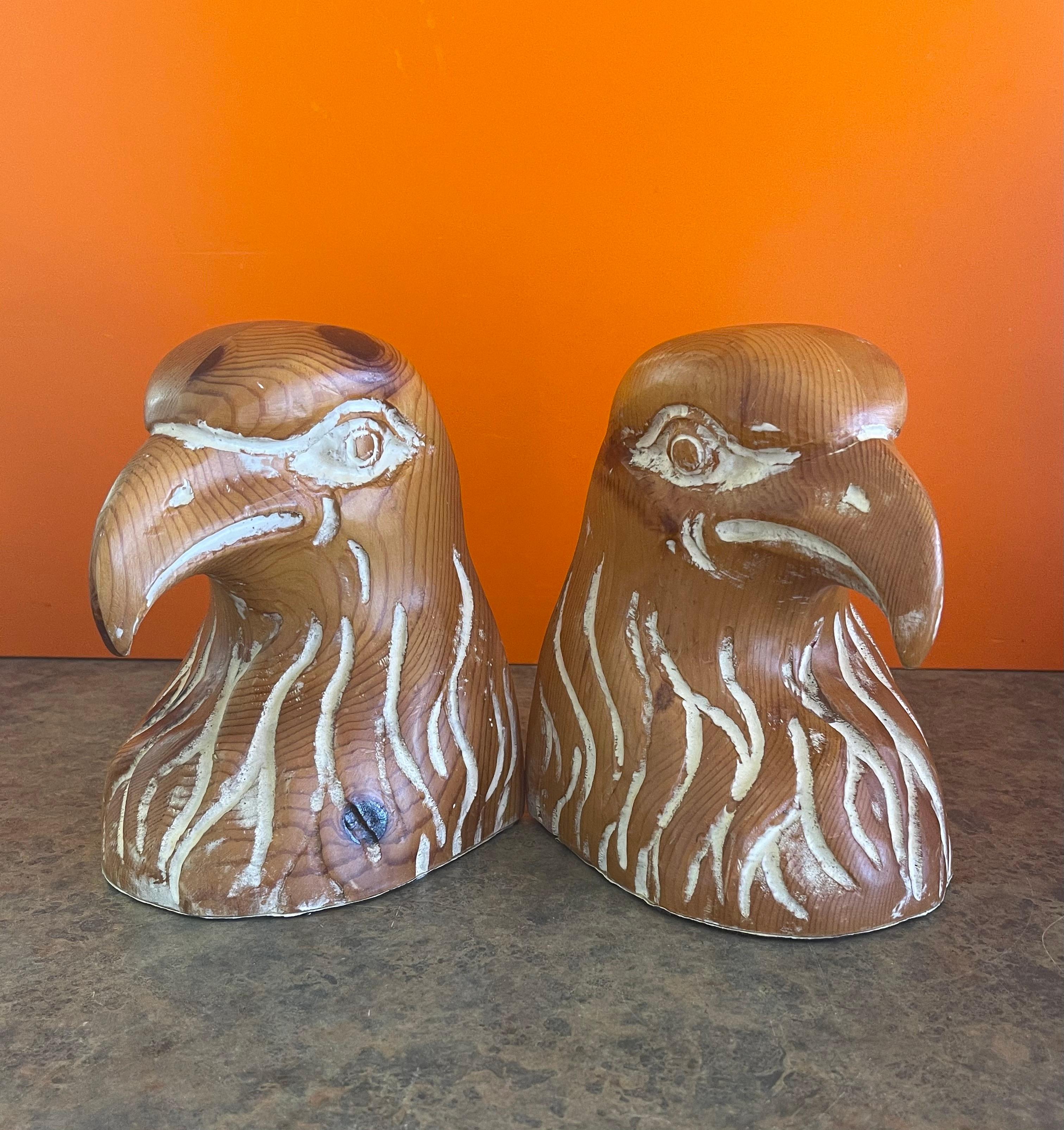 Hand-Carved Pair of Hand Carved Knotty Pine Wood Eagle Head Bookends by Sarreid For Sale