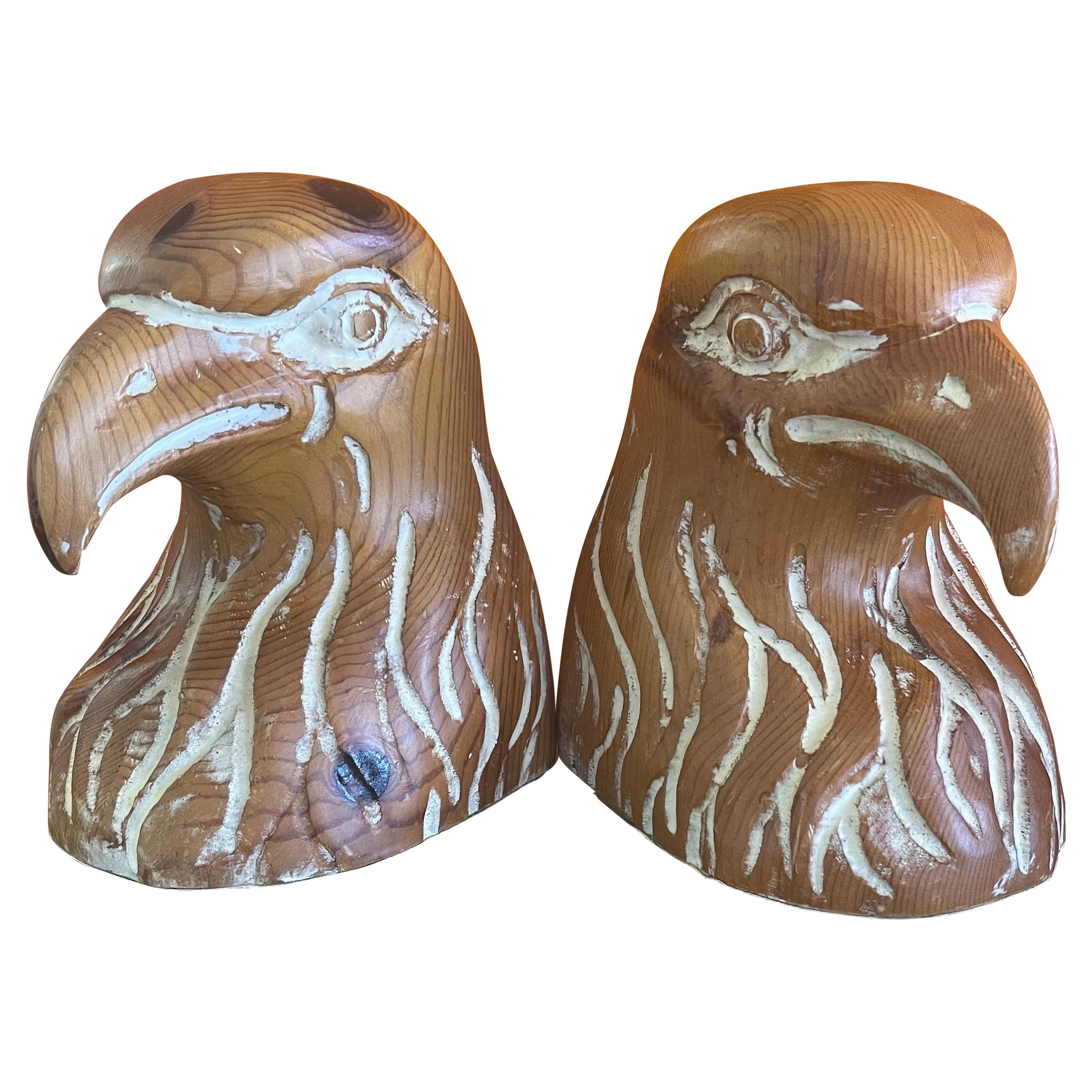 Pair of Hand Carved Knotty Pine Wood Eagle Head Bookends by Sarreid For Sale