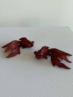 Pair of Hand-Carved Koi Fish Sculptures, Japan, Early 20th Century