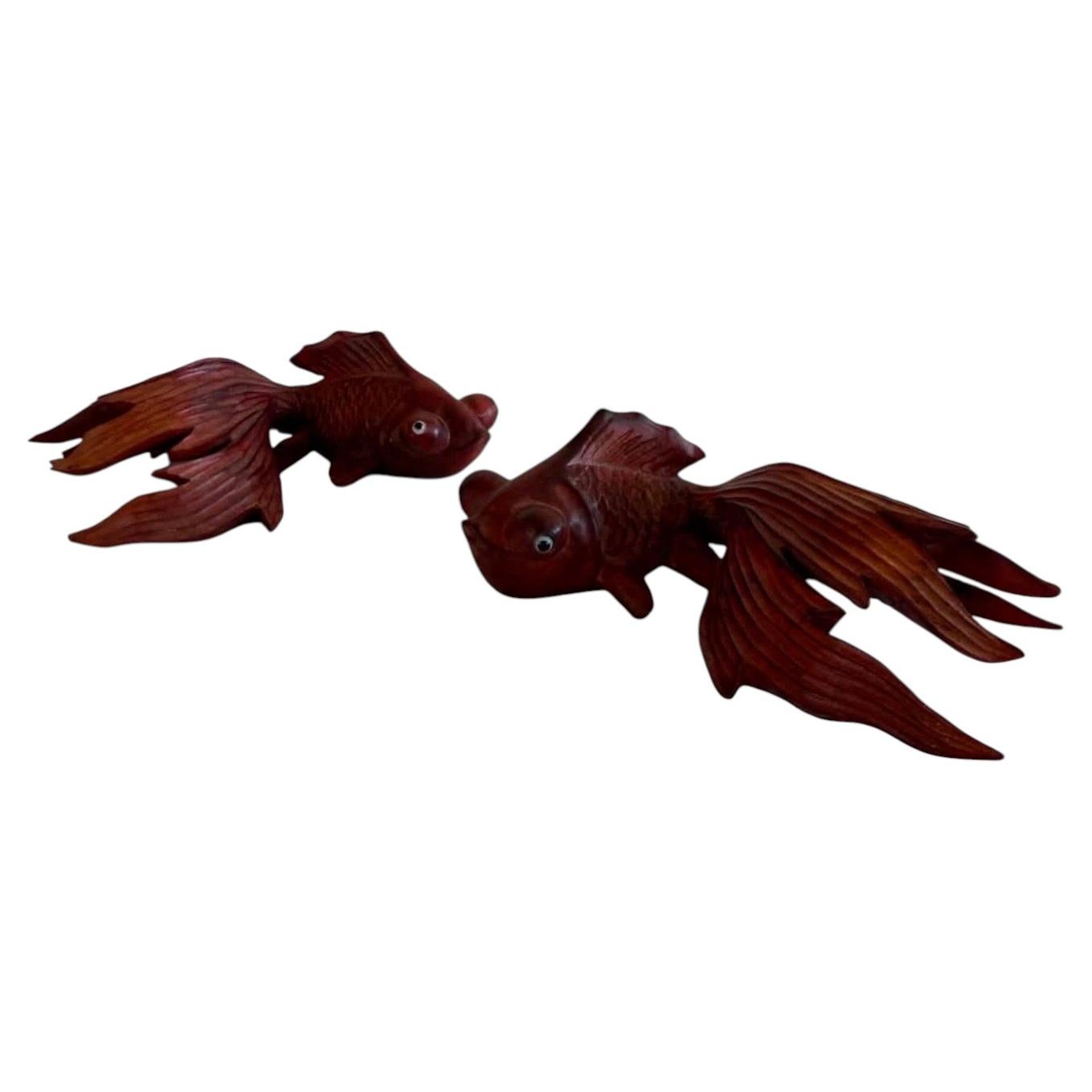 Pair of Hand-Carved Koi Fish Sculptures, Japan, Early 20th Century