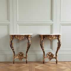 Pair of Hand Carved Louis XV French Style Gilt Wood Consoles