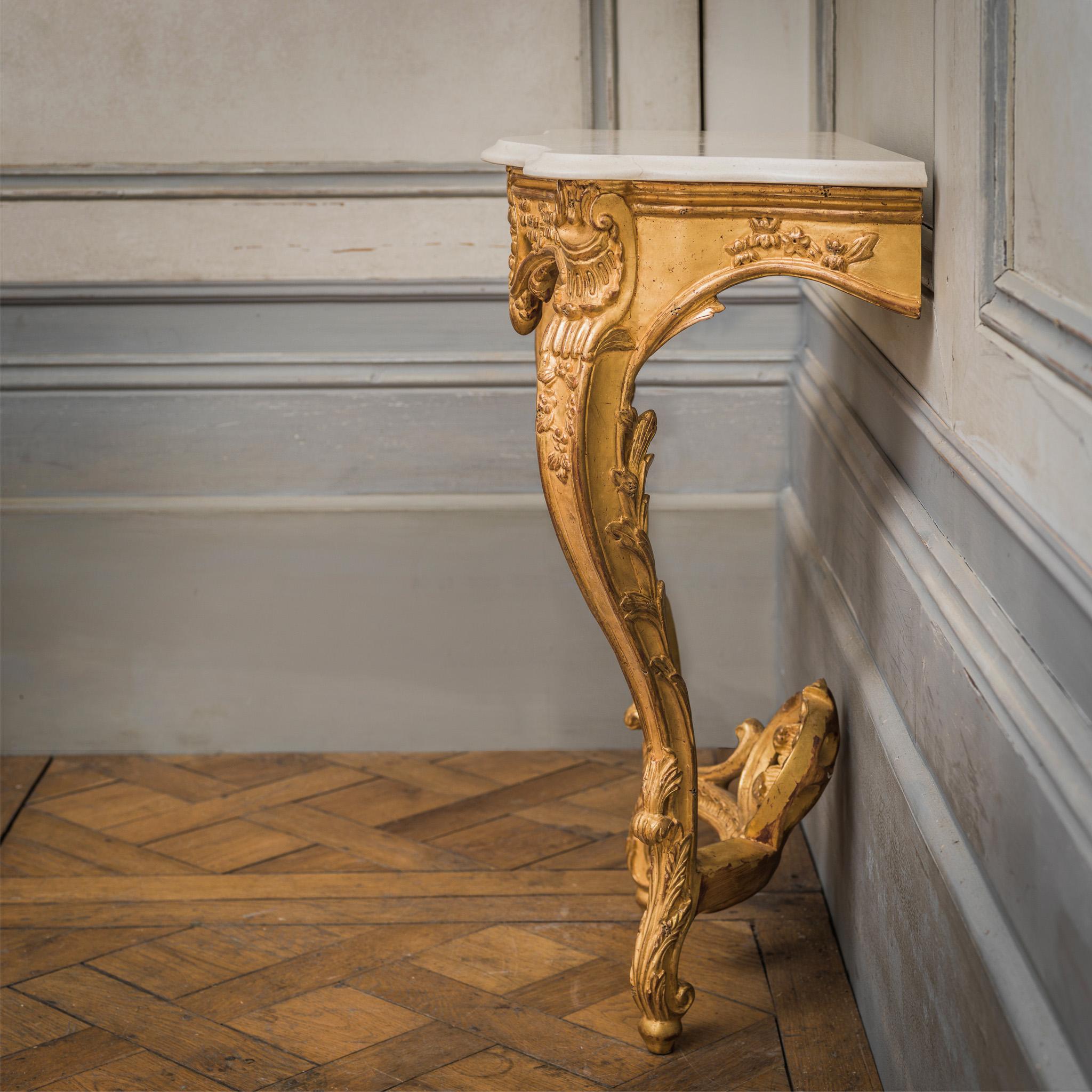 Hand-Carved Pair of Hand Carved, Louis XV French Style Gilt Wood Consoles For Sale