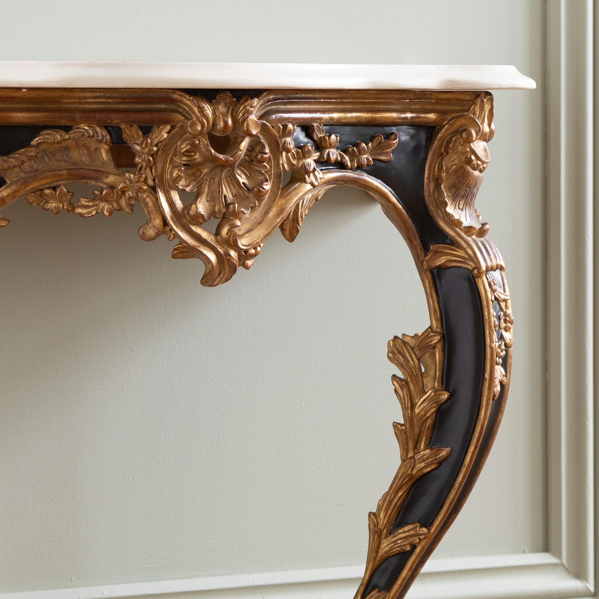 Hand-Carved Pair of Hand Carved Louis XV French Style Gilt Wood Consoles For Sale