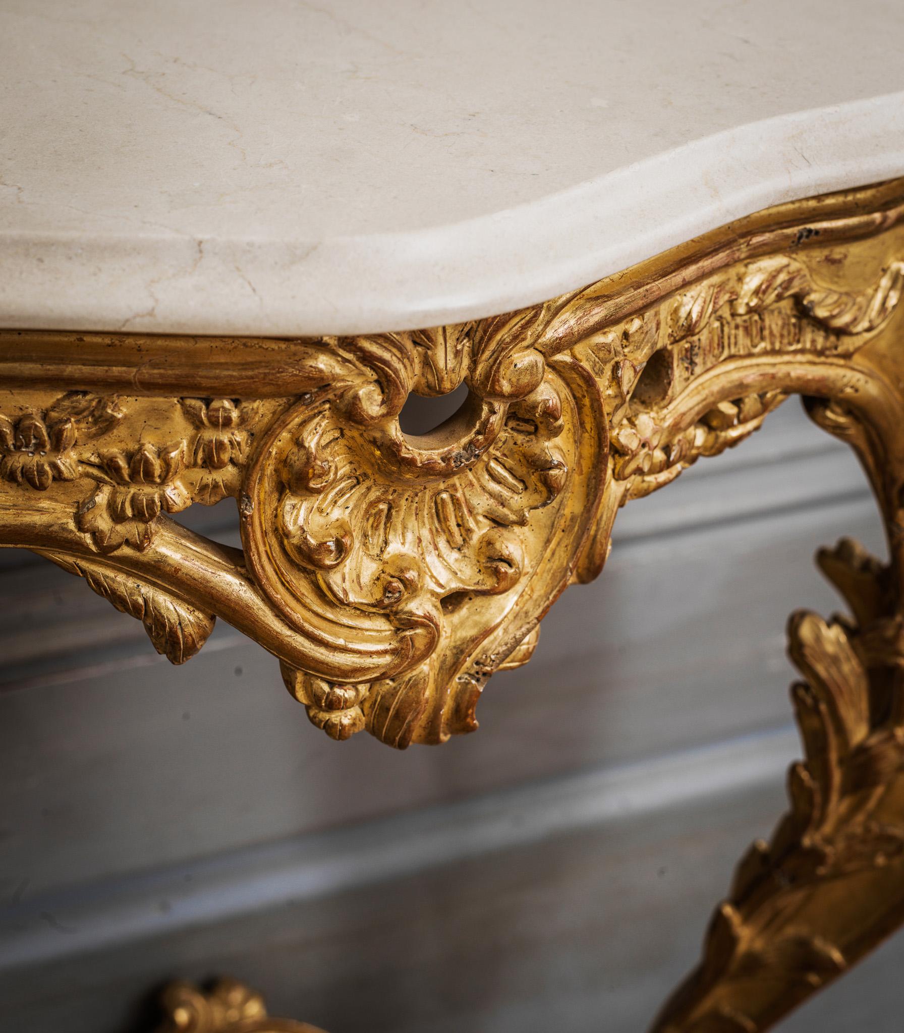 Contemporary Pair of Hand Carved, Louis XV French Style Gilt Wood Consoles For Sale