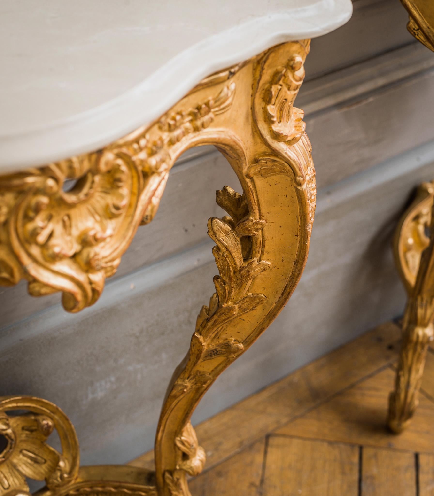 Pair of Hand Carved, Louis XV French Style Gilt Wood Consoles For Sale 1