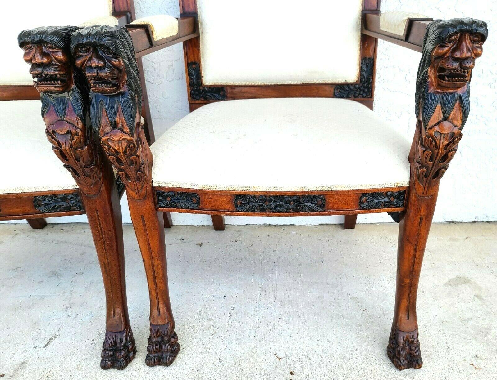 Pair of Hand Carved Mahogany Lions Head Armchairs For Sale 3