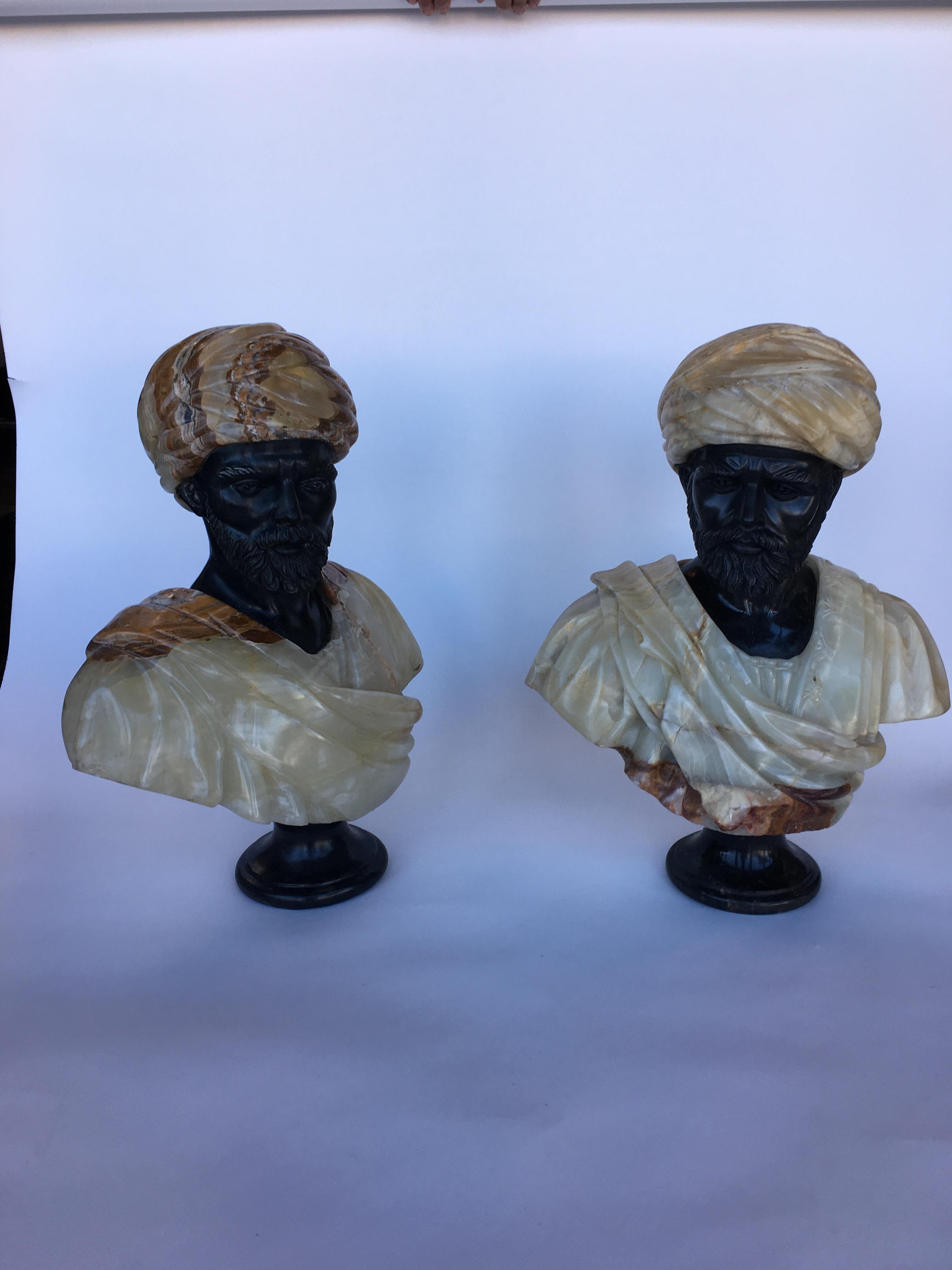 Italian pair of hand carved marble and onyx moros bust, early 20th century.