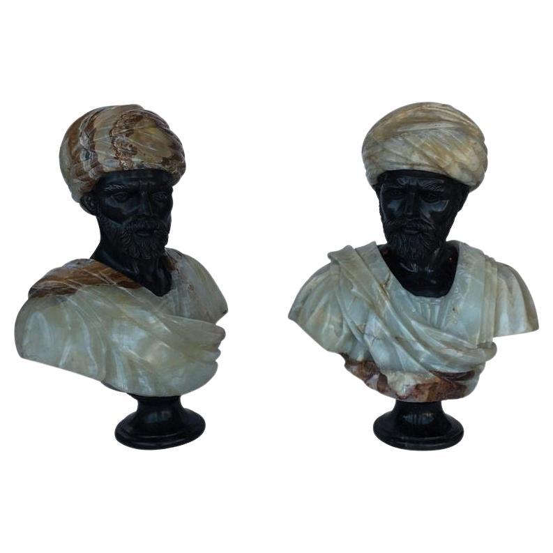 Pair of Hand Carved Marble and Onyx Moros Bust