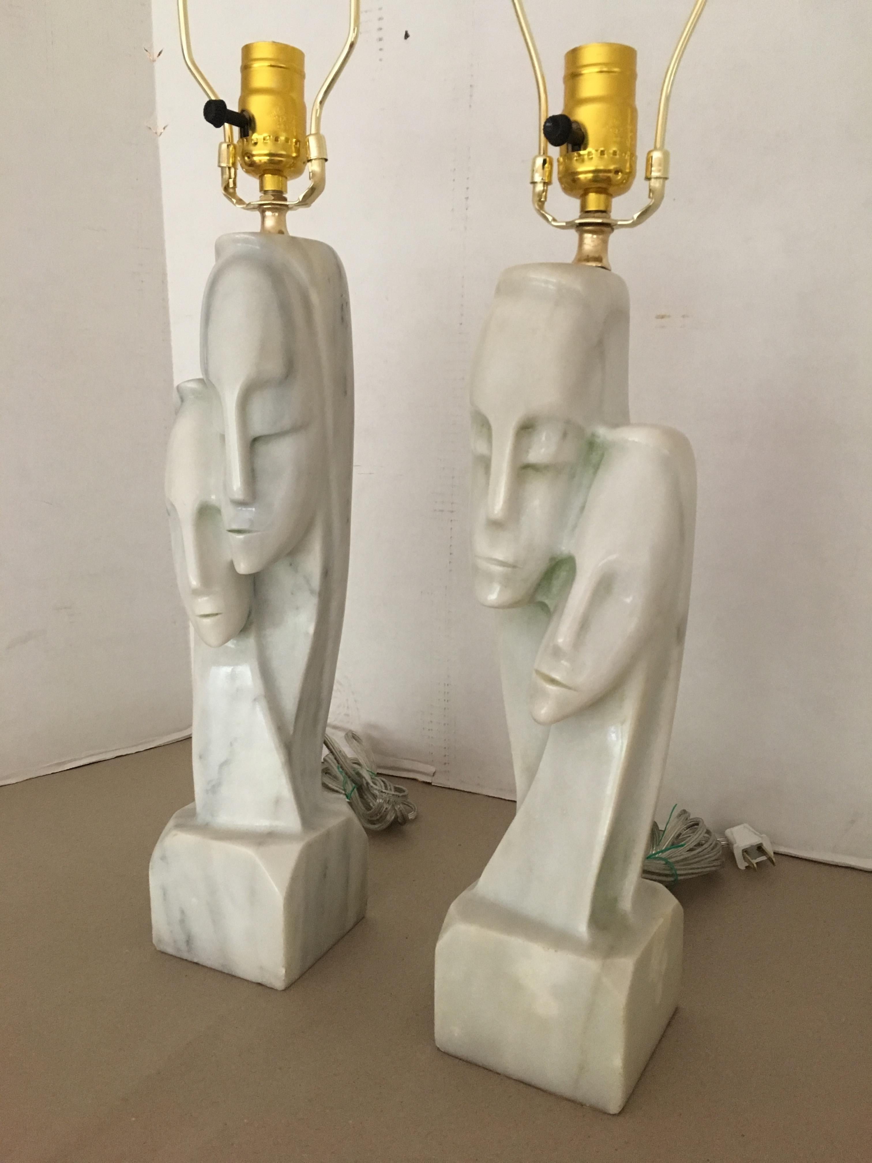 Pair of Hand-Carved Marble Cycladic Lamps In Excellent Condition In Chicago, IL
