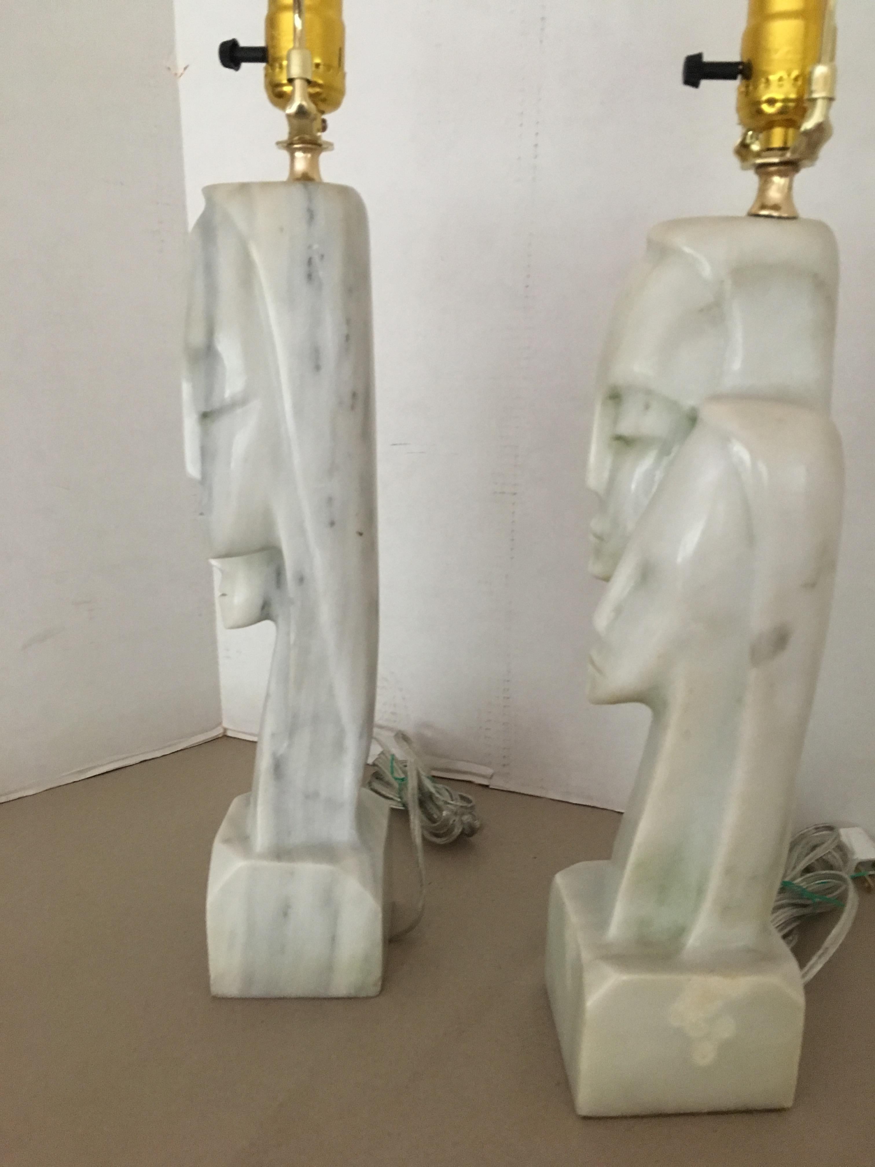 Late 20th Century Pair of Hand-Carved Marble Cycladic Lamps
