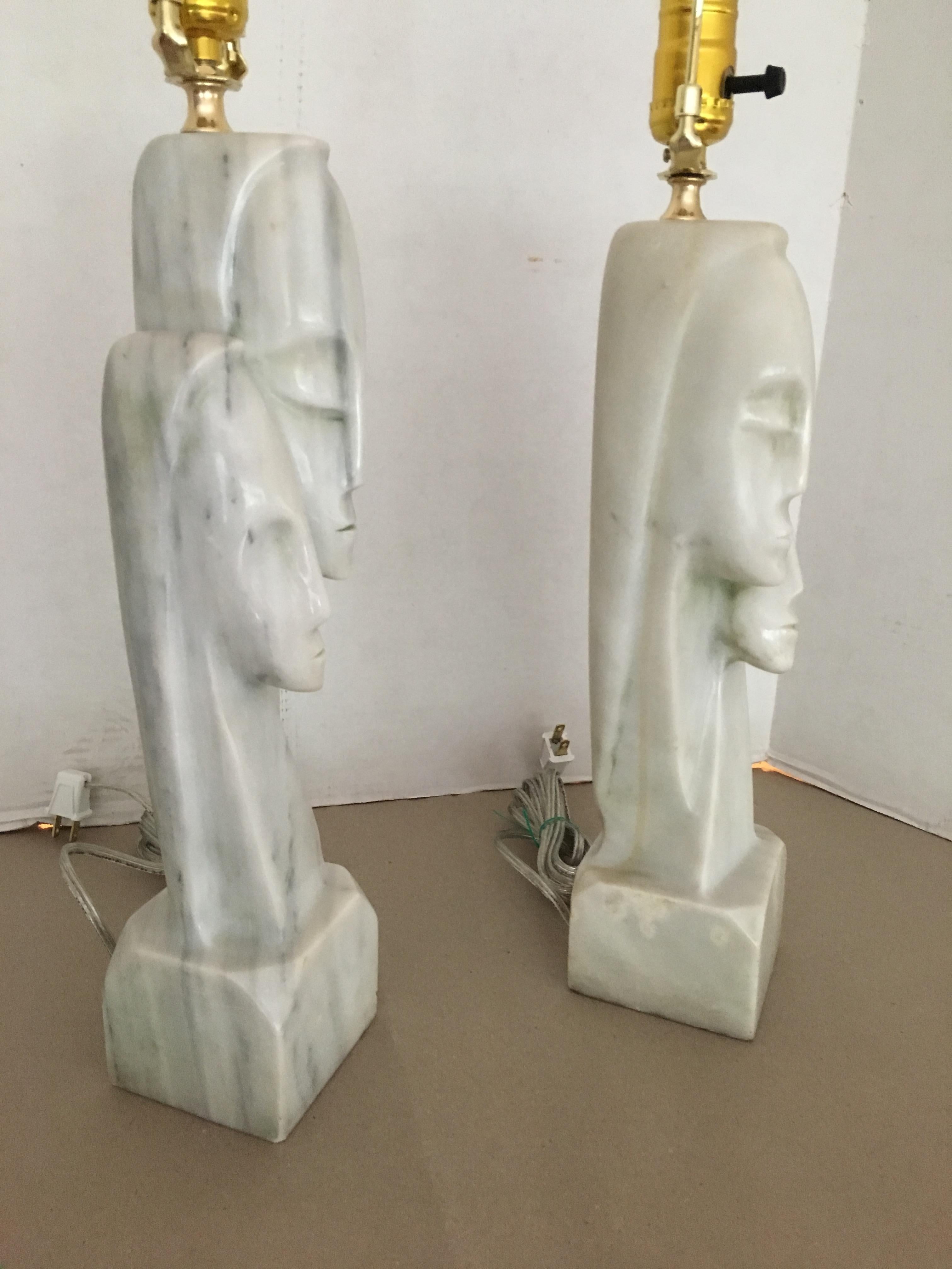 Pair of Hand-Carved Marble Cycladic Lamps 1
