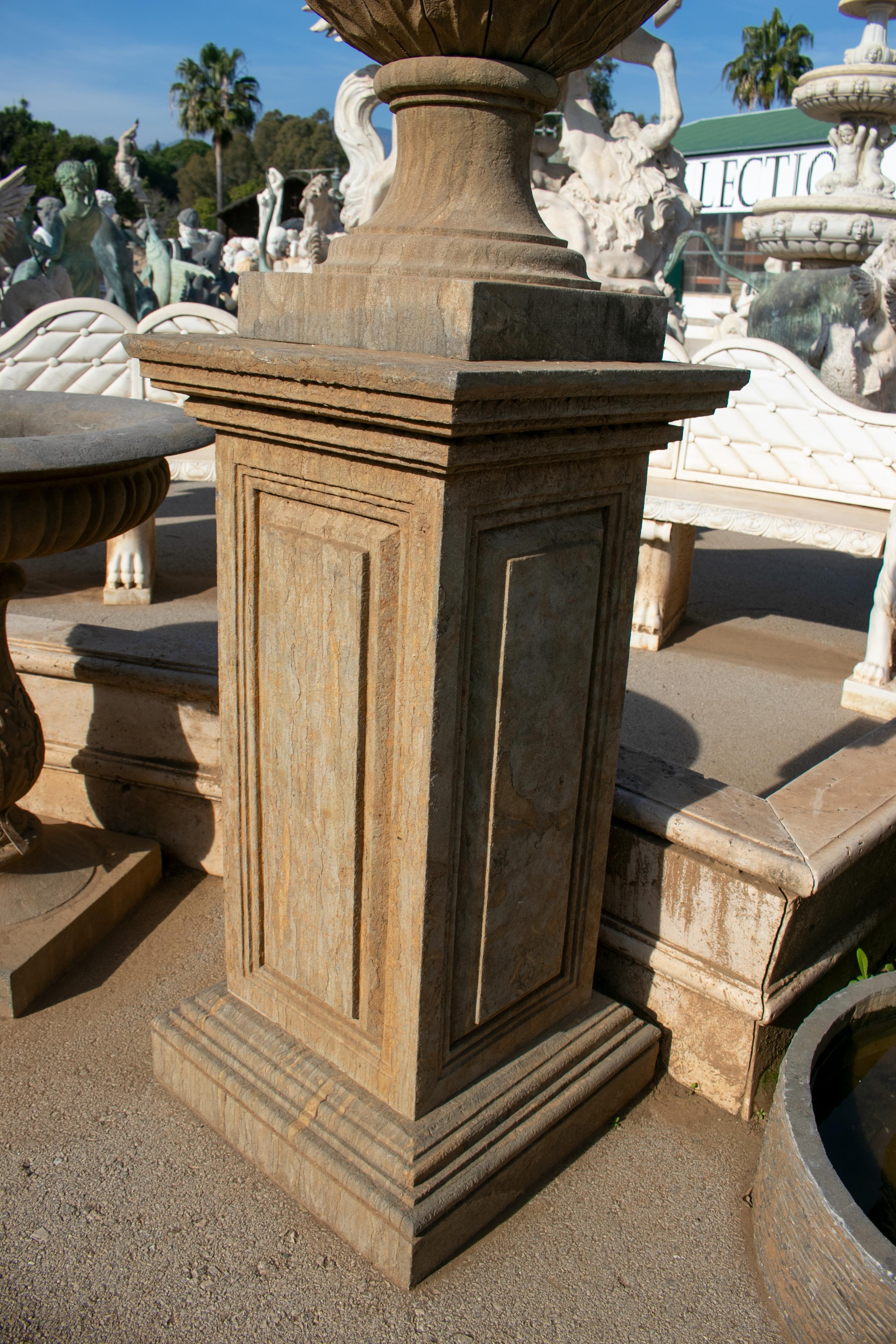 European Pair of Hand Carved Marble Urns on Pedestals with Antique Patina