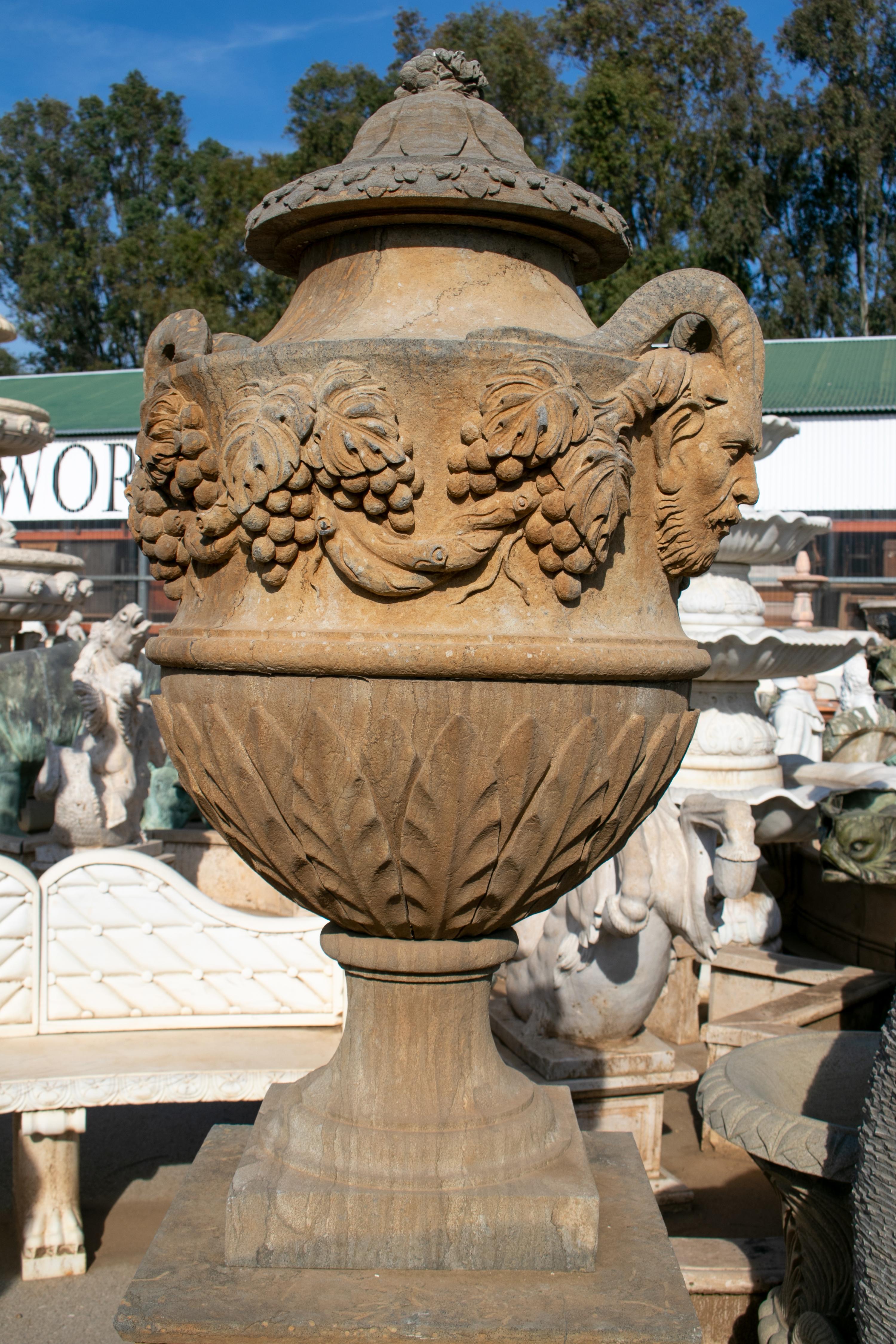Hand-Carved Pair of Hand Carved Marble Urns on Pedestals with Antique Patina