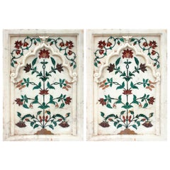Pair of Hand-Carved Marble Wall Reliefs with Italian Pietre Dure Inlay Mosaic