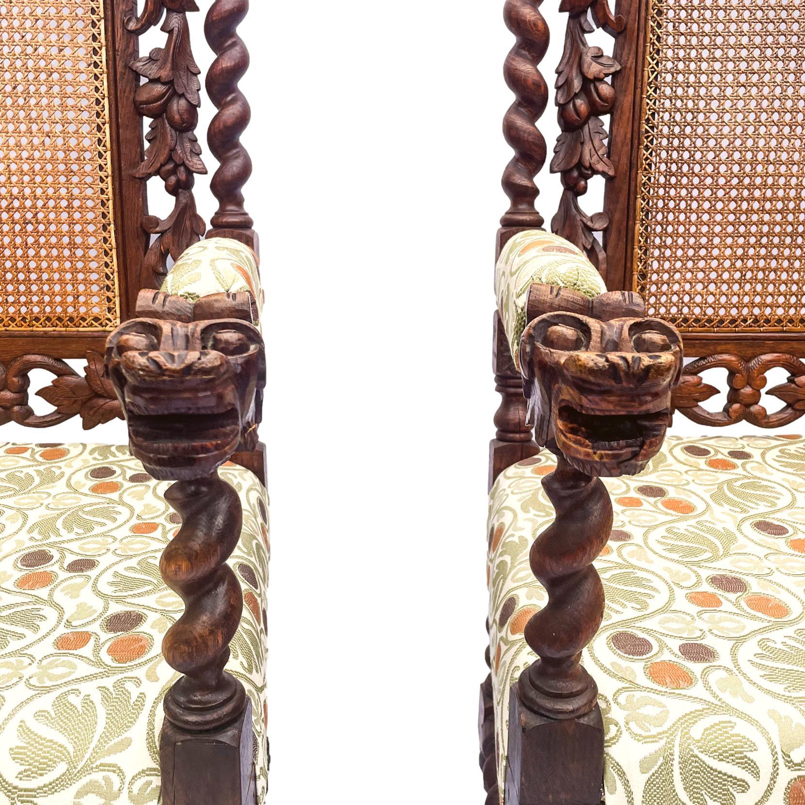 Pair of Hand Carved Oak Arm Chairs, Caned Back and Upholstered Seat, circa 1880 For Sale 1