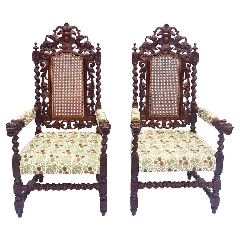 Pair of Hand Carved Oak Arm Chairs, Caned Back and Upholstered Seat