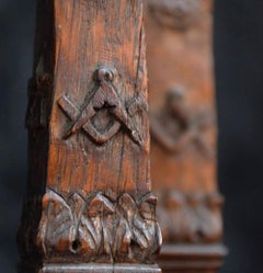 Pair of Hand Carved Oak Folk Art Masonic Candle Sticks, circa 1912