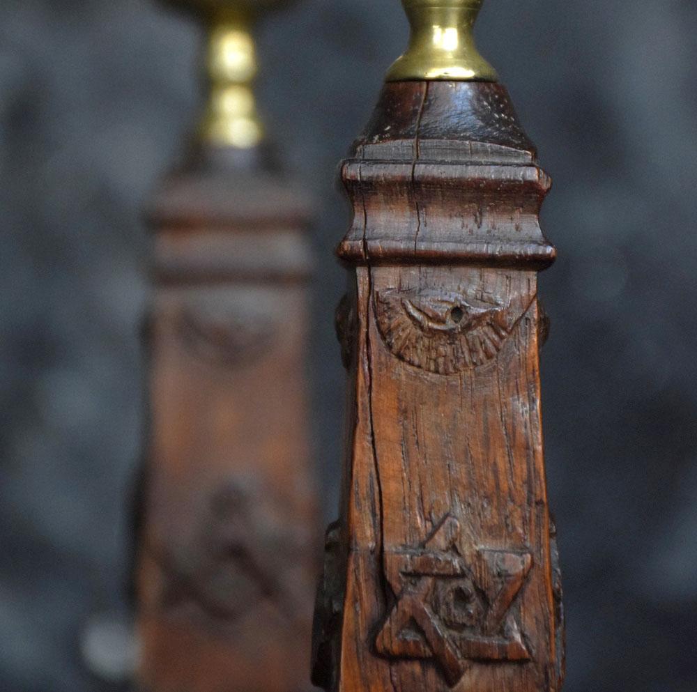 British Pair of Hand Carved Oak Folk Art Masonic Candle Sticks, circa 1912