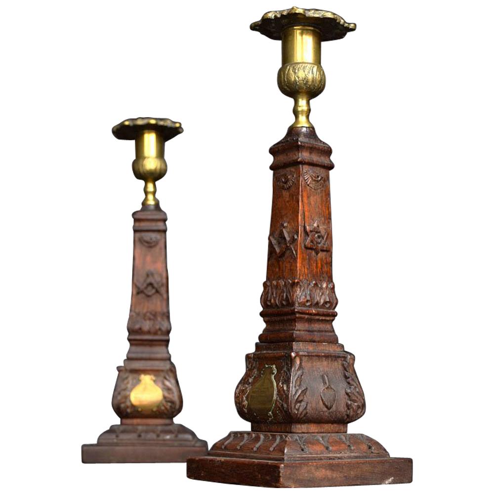 Pair of Hand Carved Oak Folk Art Masonic Candle Sticks, circa 1912