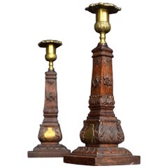 Pair of Hand Carved Oak Folk Art Masonic Candle Sticks, circa 1912