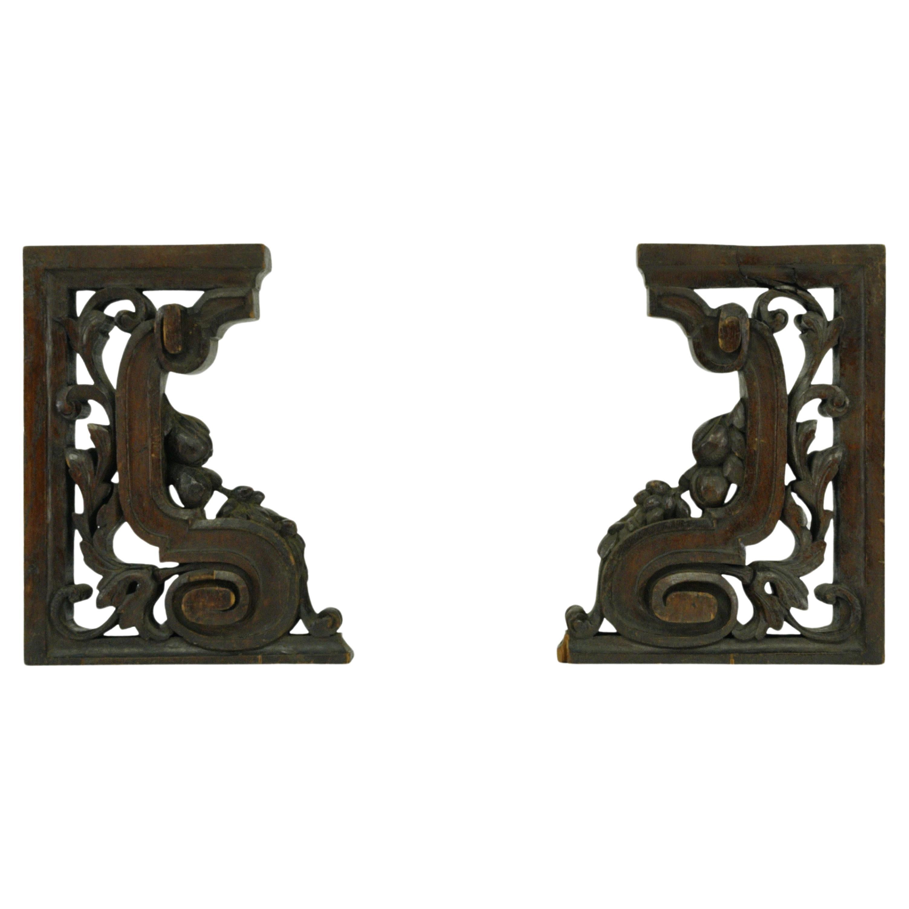 Pair of Hand Carved Oak Furniture Brackets For Sale