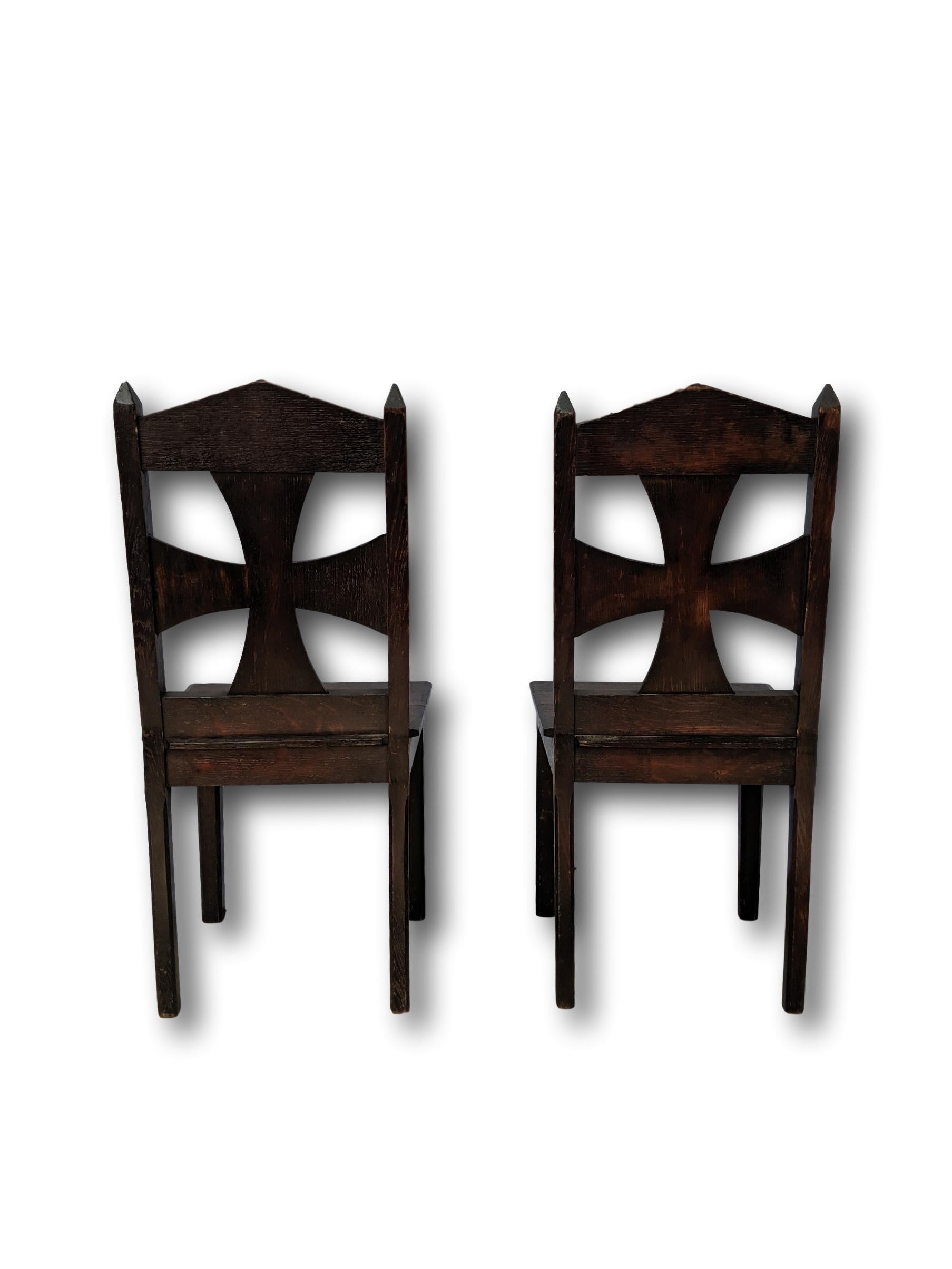 Arts and Crafts Pair of Hand Carved Oak Gothic Chairs, Arts & Crafts Movement, Scottish