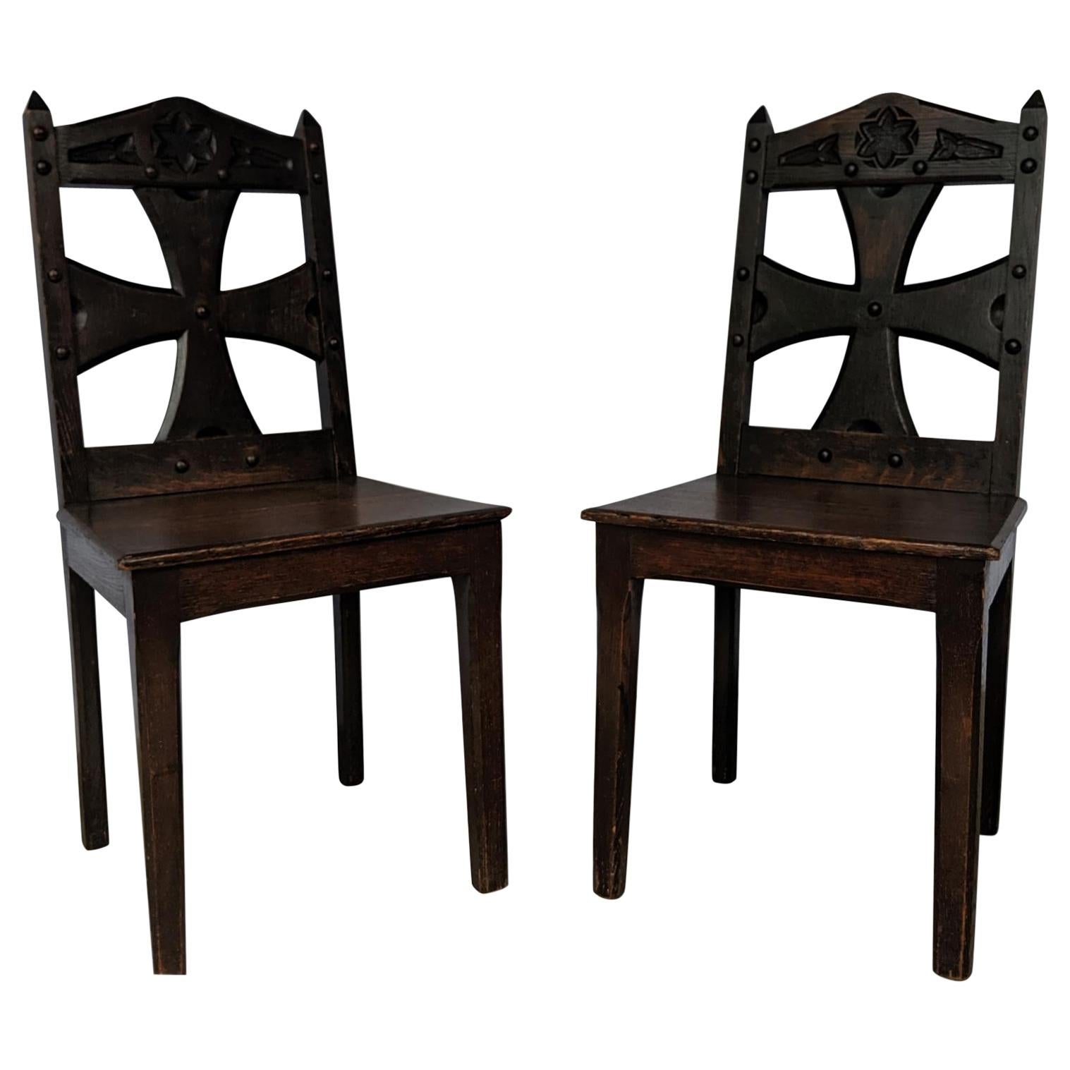 Pair of Hand Carved Oak Gothic Chairs, Arts & Crafts Movement, Scottish
