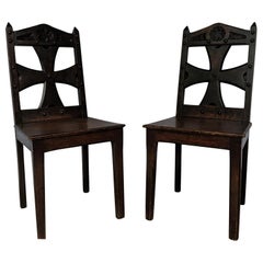 Pair of Hand Carved Oak Gothic Chairs, Arts & Crafts Movement, Scottish