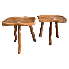 Pair of hand carved olive wood stools France circa 1960