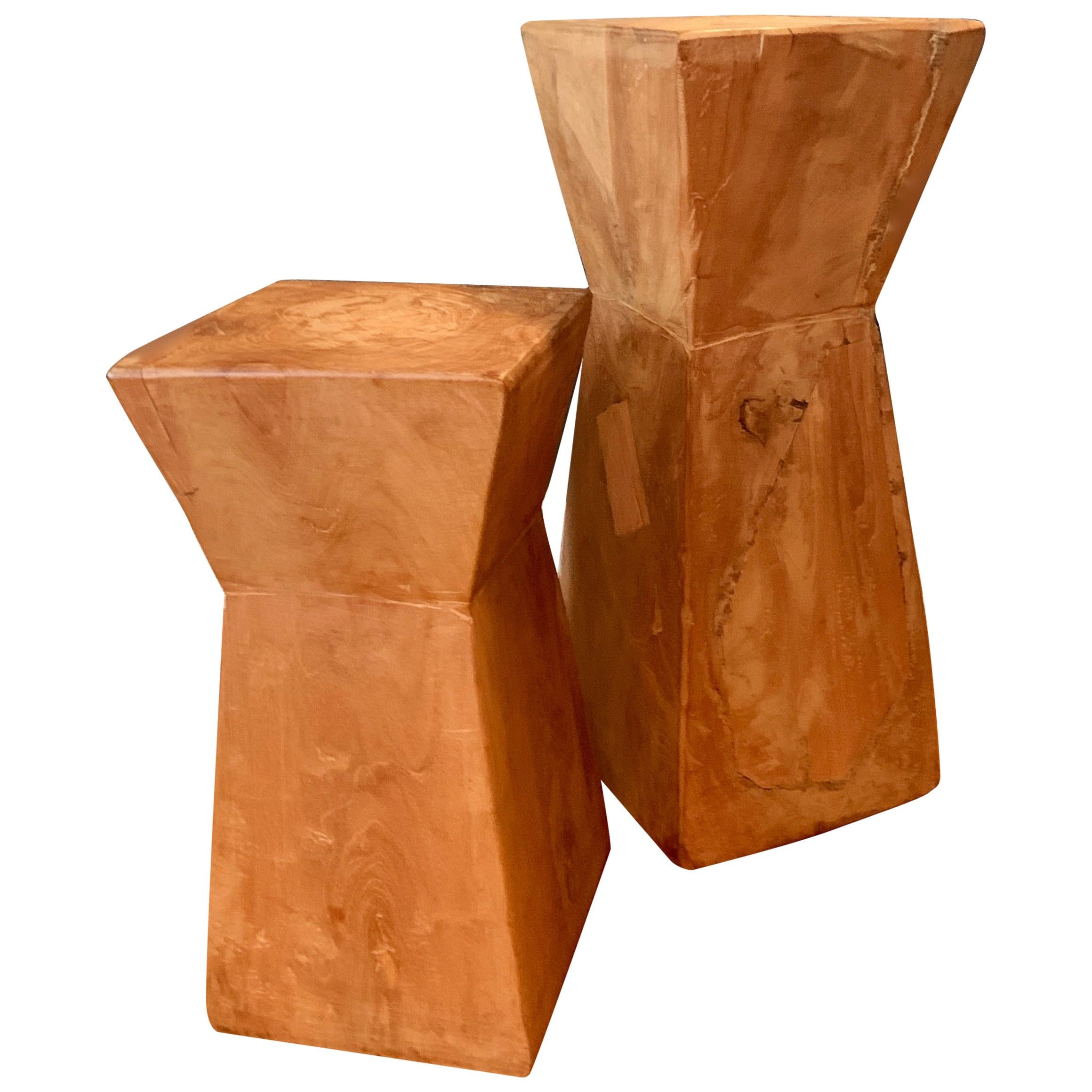 Pair of Hand Carved Organic Wooden Hour Glass Side Martini Tables
