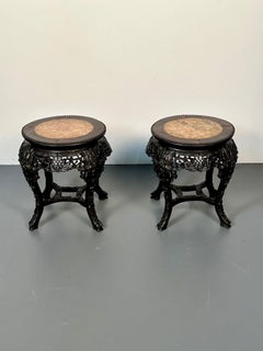 Pair of Hand Carved Oriental Chinese Pedestals / Low Tables, Teak Wood, Marble