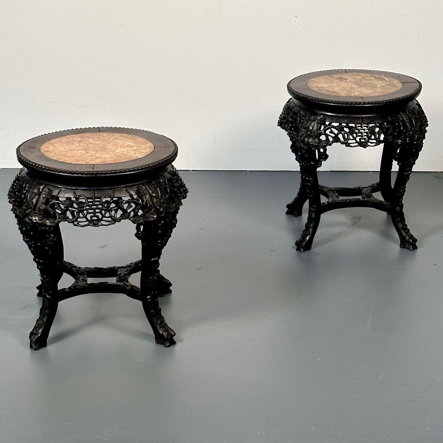 Chinese Export Pair of Hand Carved Oriental Chinese Pedestals / Low Tables, Teak Wood, Marble