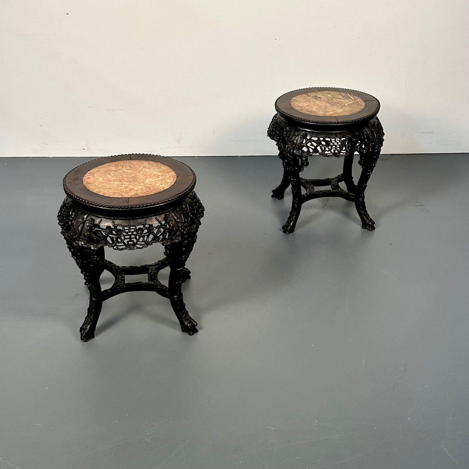 Pair of Hand Carved Oriental Chinese Pedestals / Low Tables, Teak Wood, Marble In Good Condition In Stamford, CT