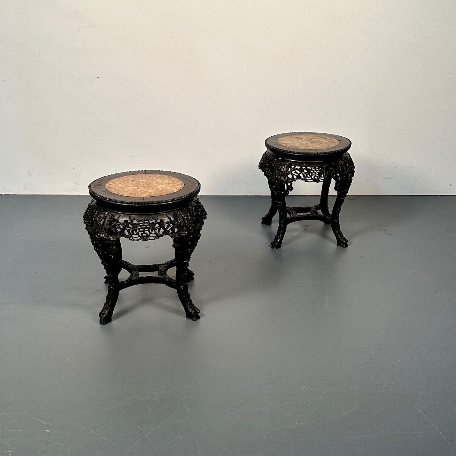 20th Century Pair of Hand Carved Oriental Chinese Pedestals / Low Tables, Teak Wood, Marble