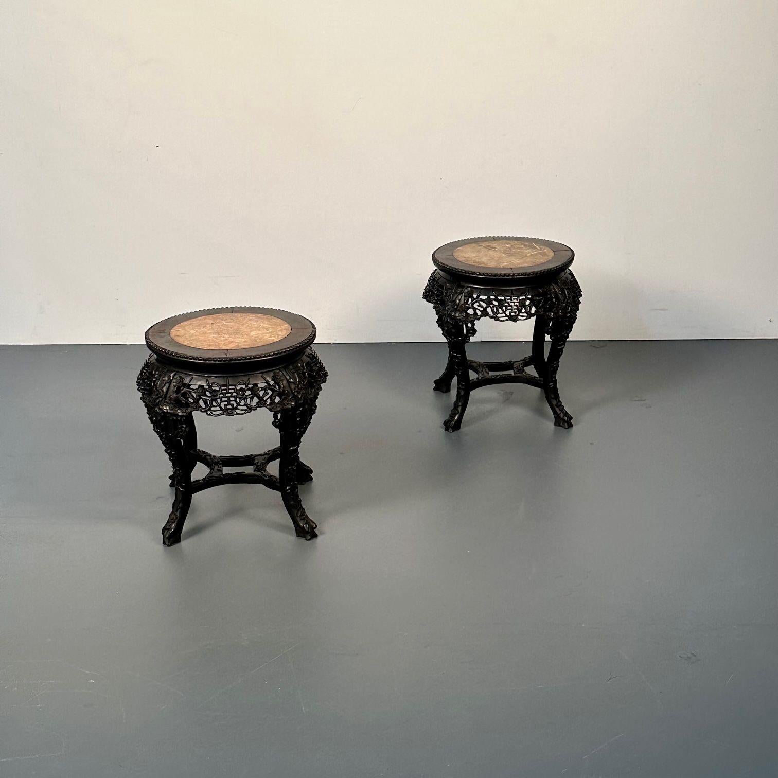 Pair of Hand Carved Oriental Chinese Pedestals / Low Tables, Teak Wood, Marble 1