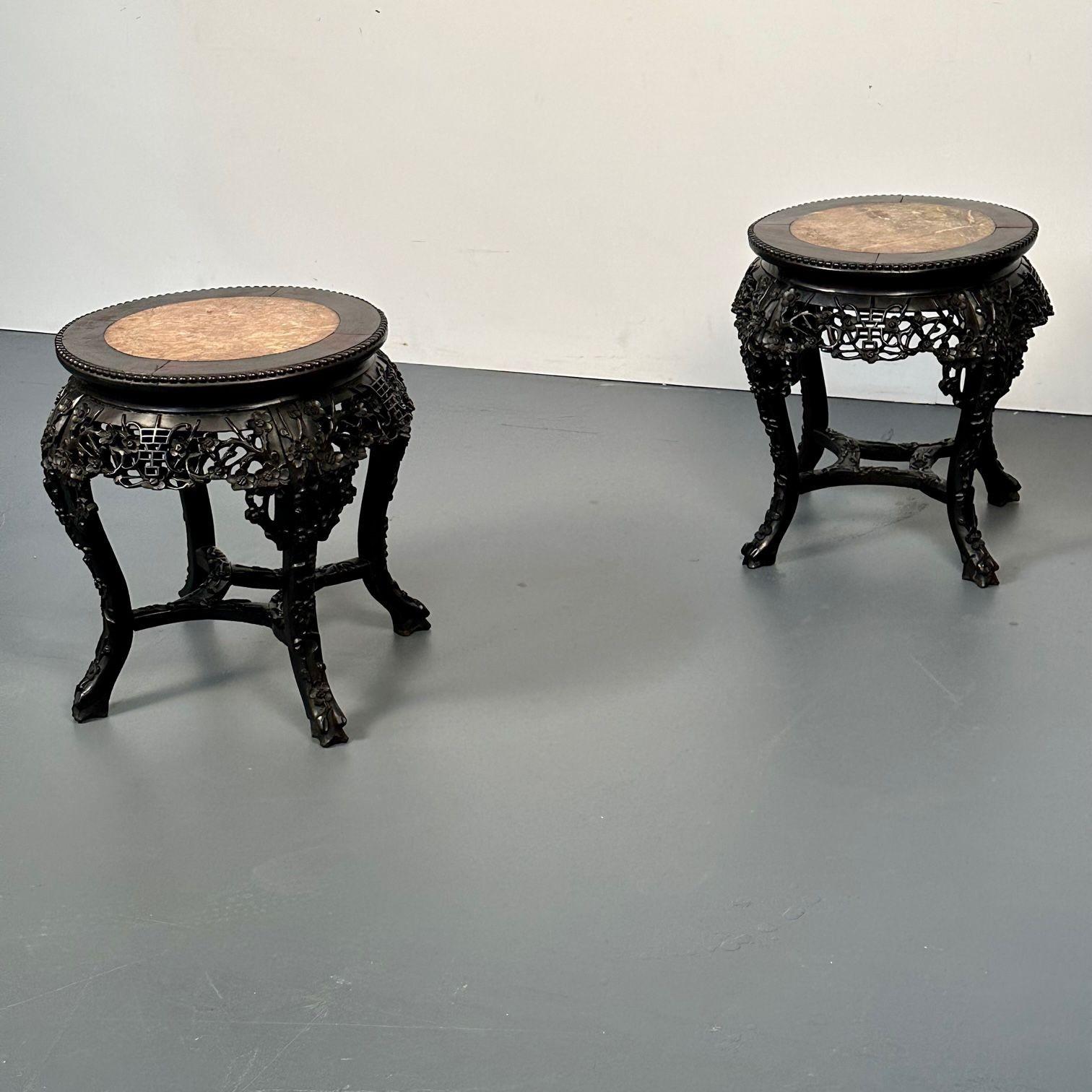 Pair of Hand Carved Oriental Chinese Pedestals / Low Tables, Teak Wood, Marble 2