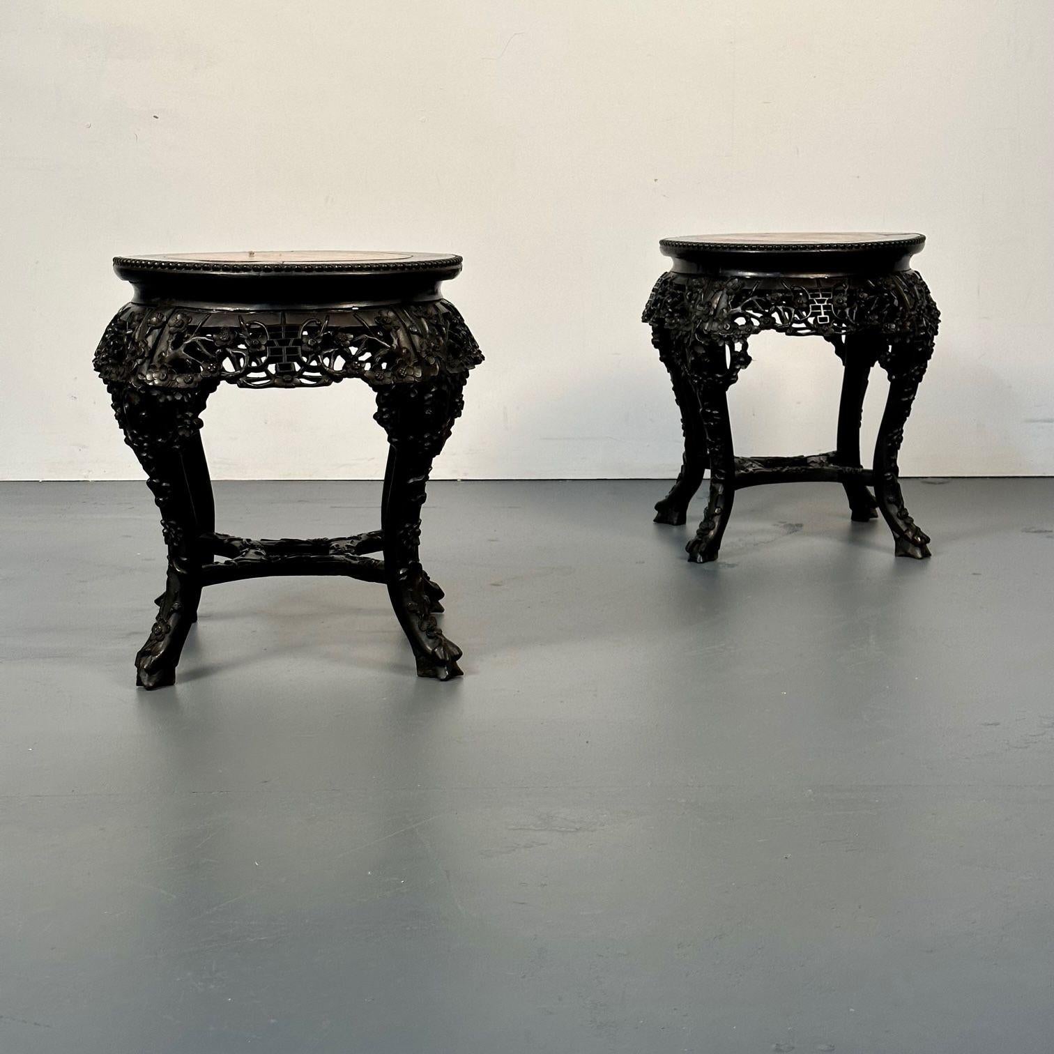 Pair of Hand Carved Oriental Chinese Pedestals / Low Tables, Teak Wood, Marble 3