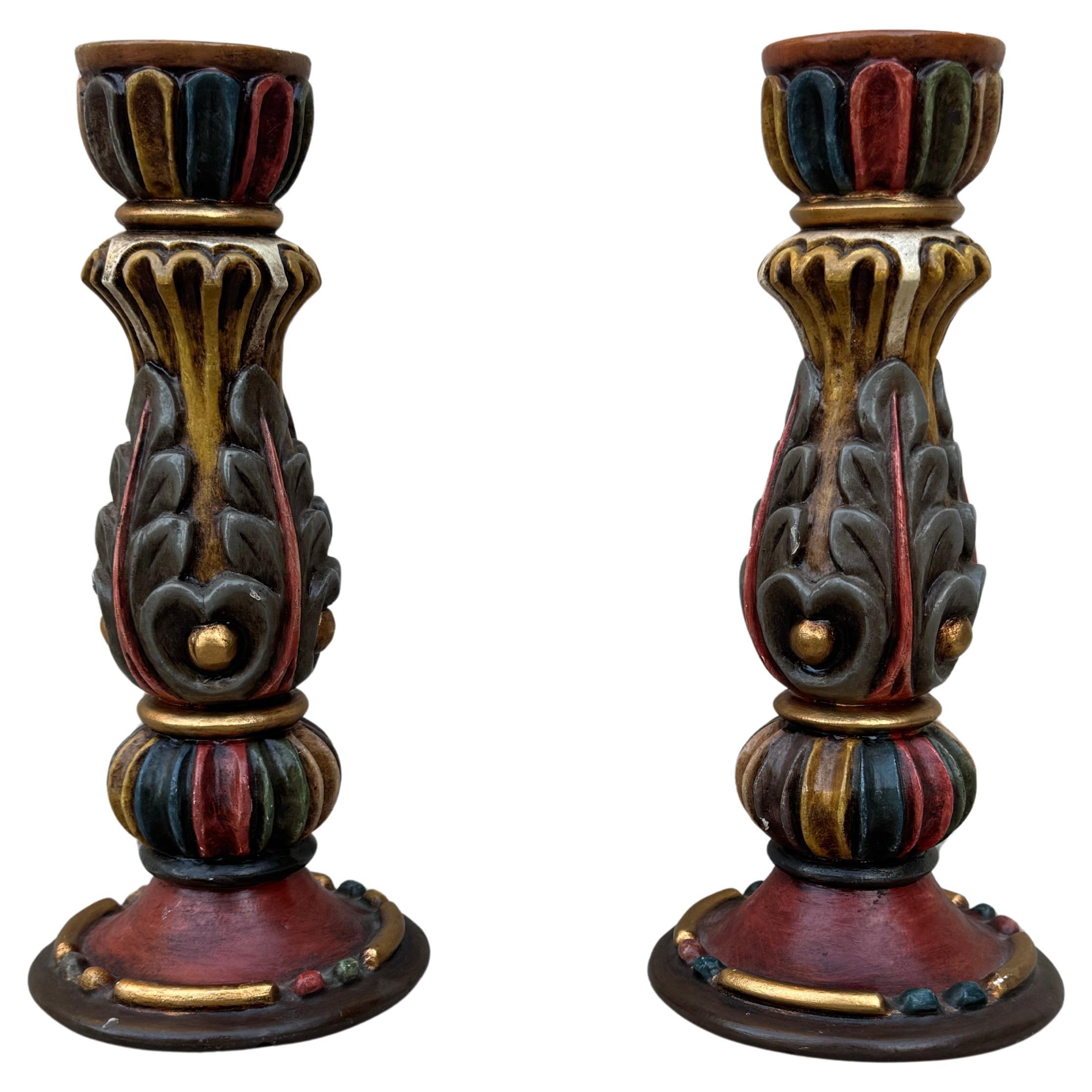 Pair of Hand-Carved 
Painted Wooden Candle Holders – Eclectic Vintage Style