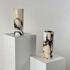 Pair of Hand-Carved Pavonazzetto Marble Flower Vases, Italy, 1940s