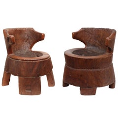 Pair of Hand Carved, Sculptural African Meditation Tree Stumps Chairs