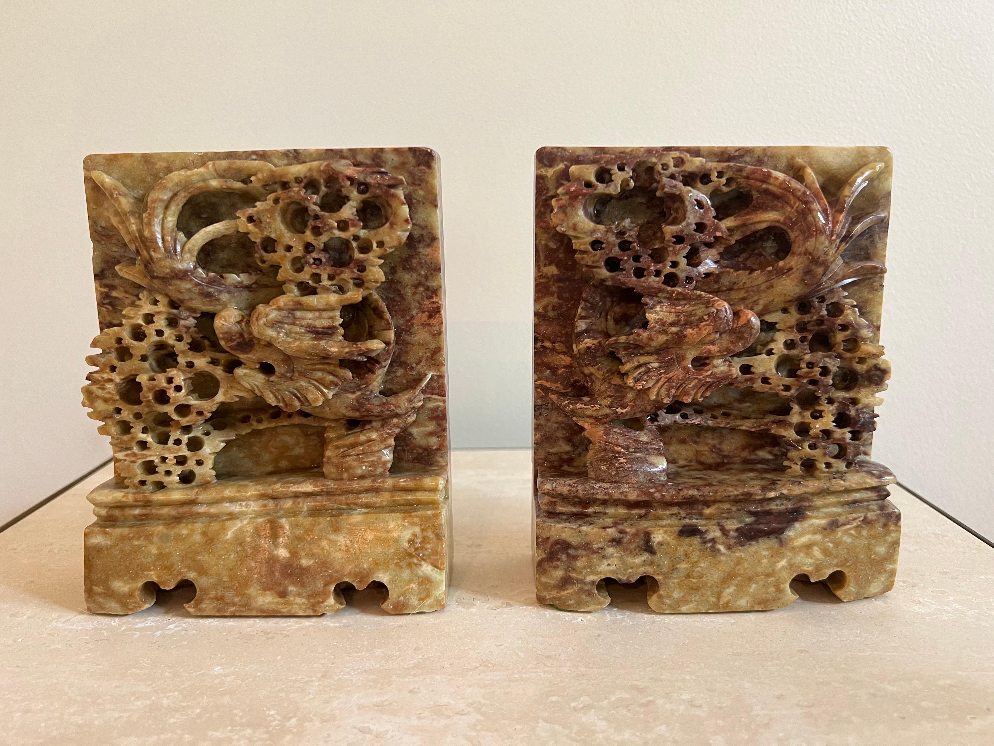 Mid-Century Modern Pair of Hand Carved Soapstone Bookends with Asian Chinese Dragon Motif, Ca 1950 For Sale