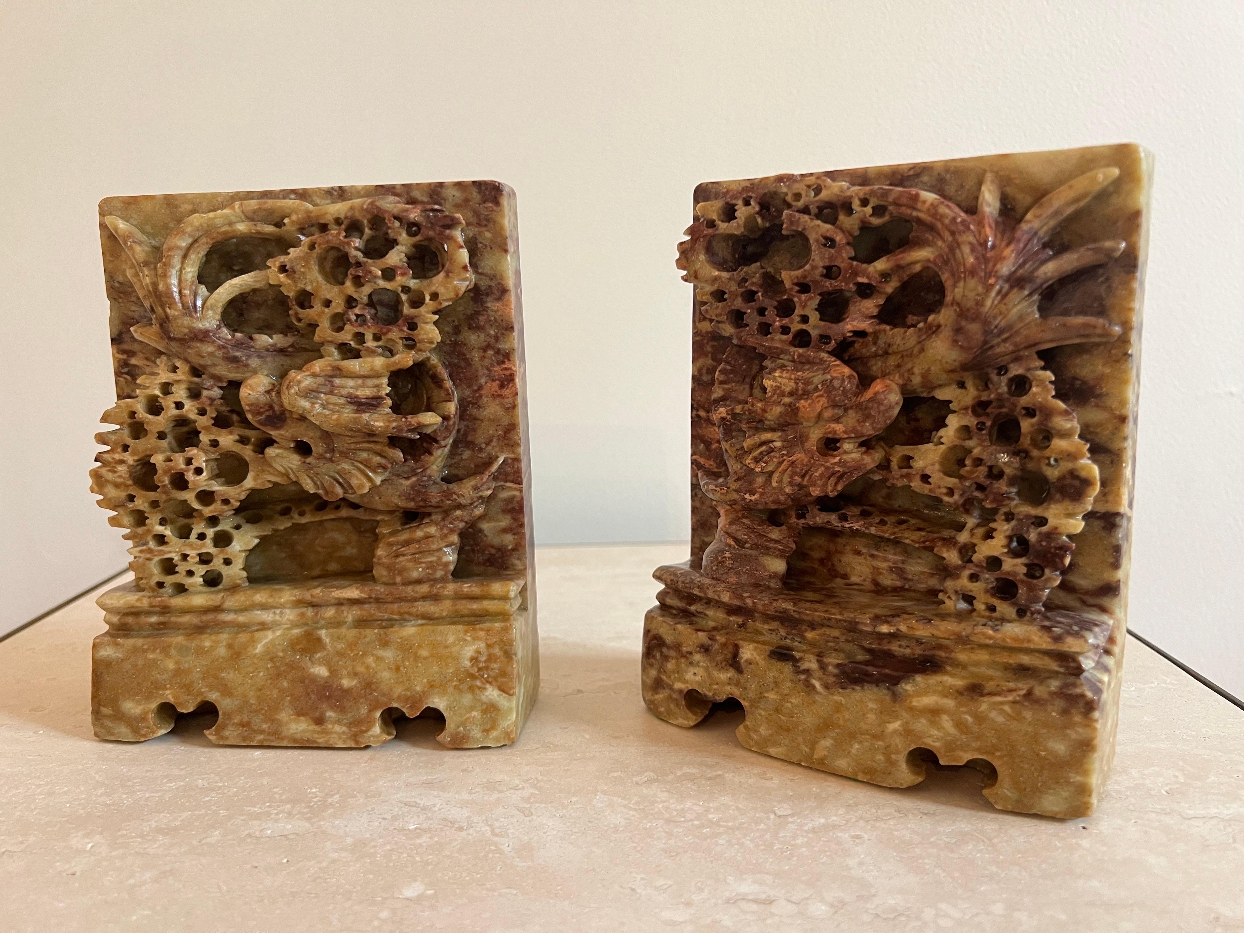 Hand-Carved Pair of Hand Carved Soapstone Bookends with Asian Chinese Dragon Motif, Ca 1950 For Sale