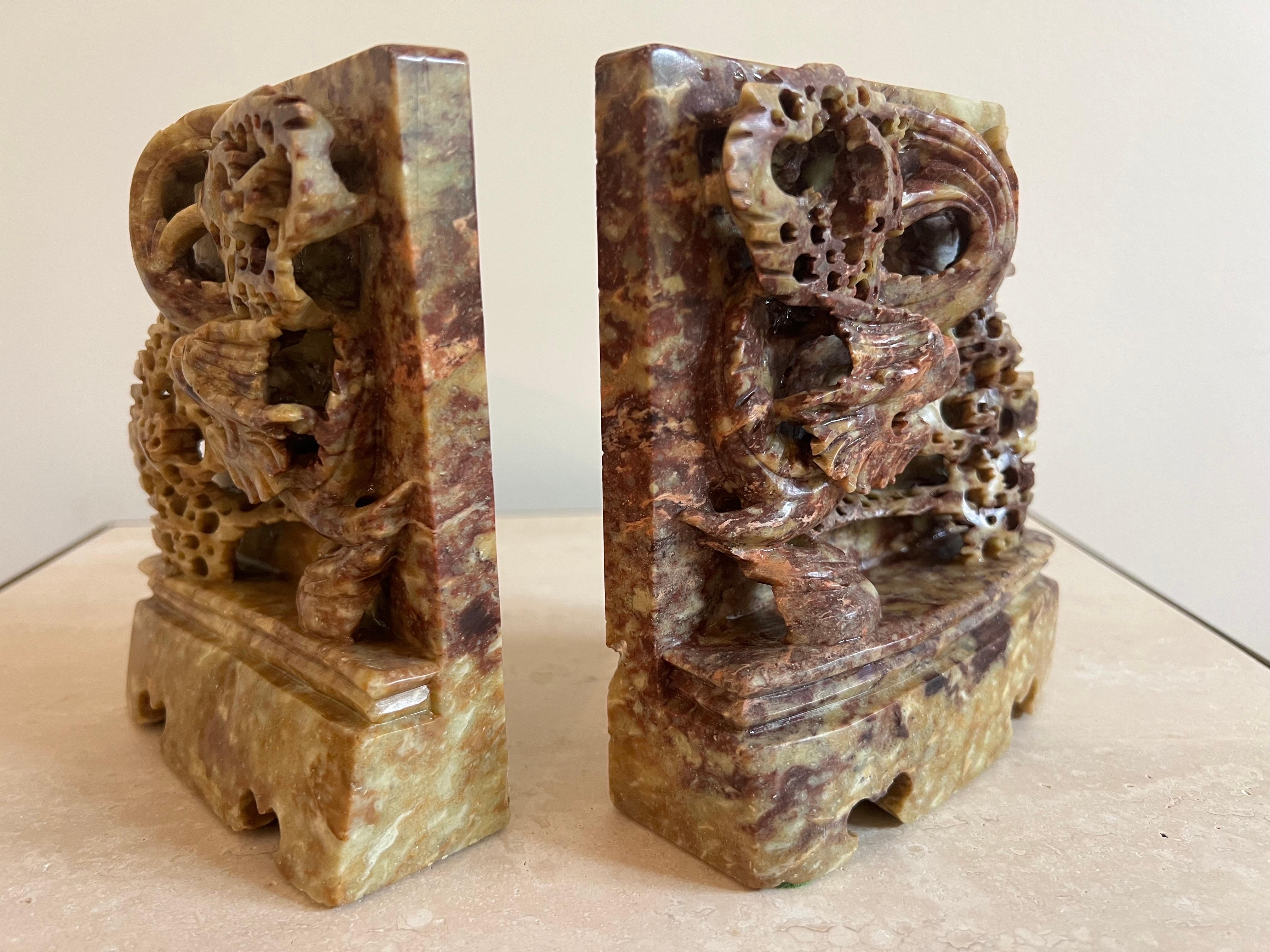 Pair of Hand Carved Soapstone Bookends with Asian Chinese Dragon Motif, Ca 1950 In Good Condition For Sale In New York, NY